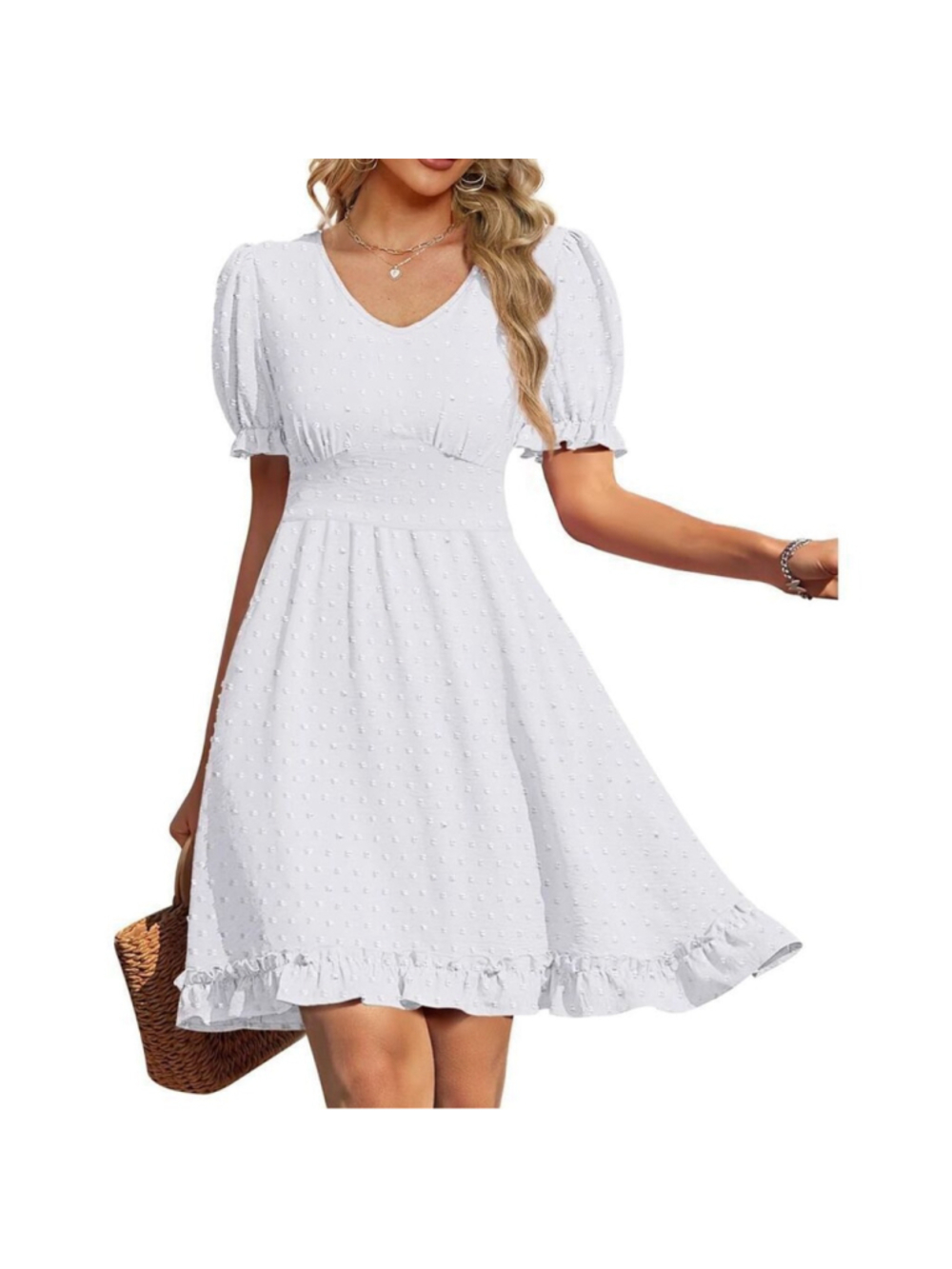 NEW White V Neck Short Sleeve Swiss Dot Mini Dress Pockets M - Picture 1 of 8